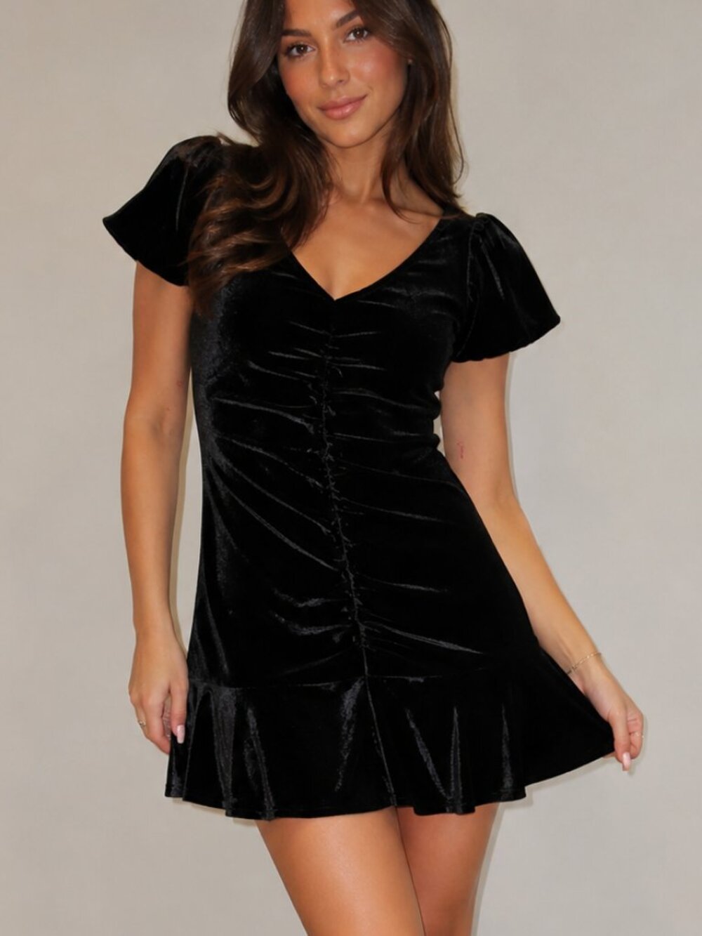 She + Sky Black Velvet Ruched Mini Dress with Ruffle Hem